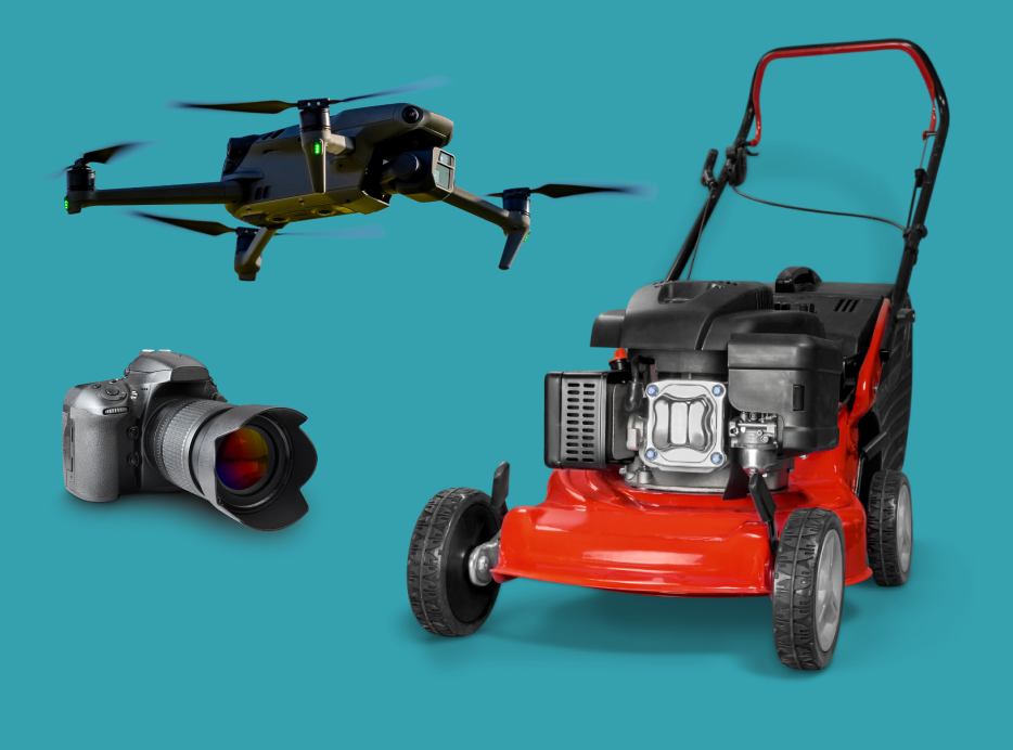 Individual store items - drone, camera, and lawnmower