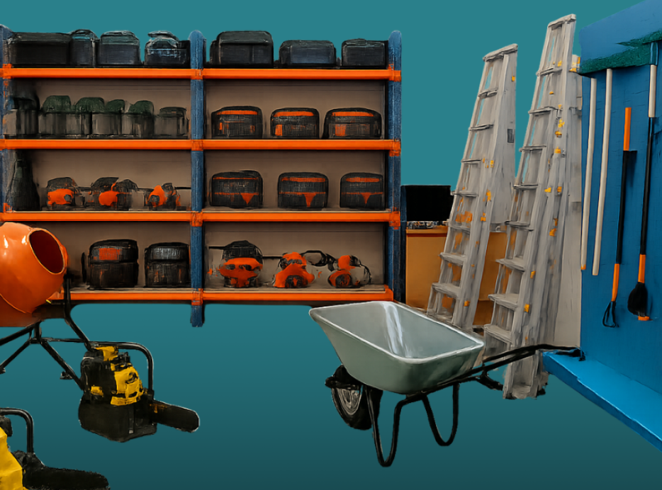 Organisation warehouse with tools, equipment, and machinery